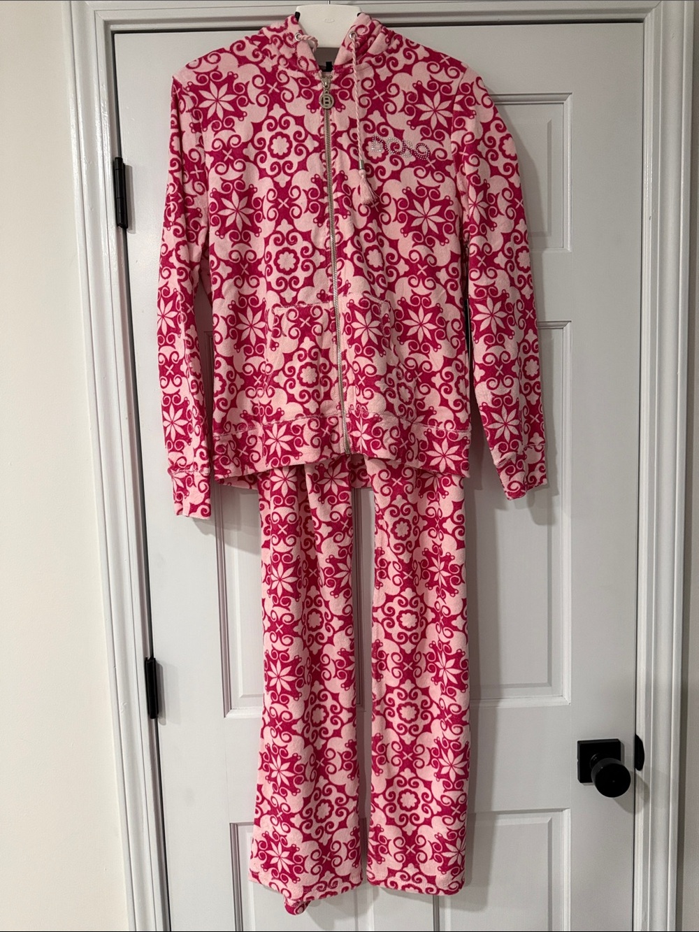 BCBG Sweetness Pink Terry Hooded Full Zip 2pc Set Jacket & Pants Womens Size L